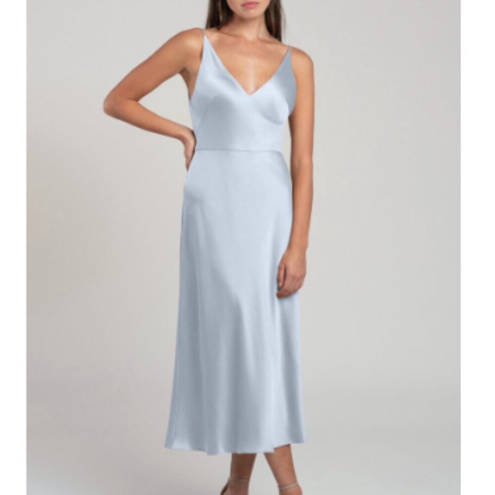 Jenny Yoo Marcy bridesmaid dress whisper blue light blue satin size 4 unaltered